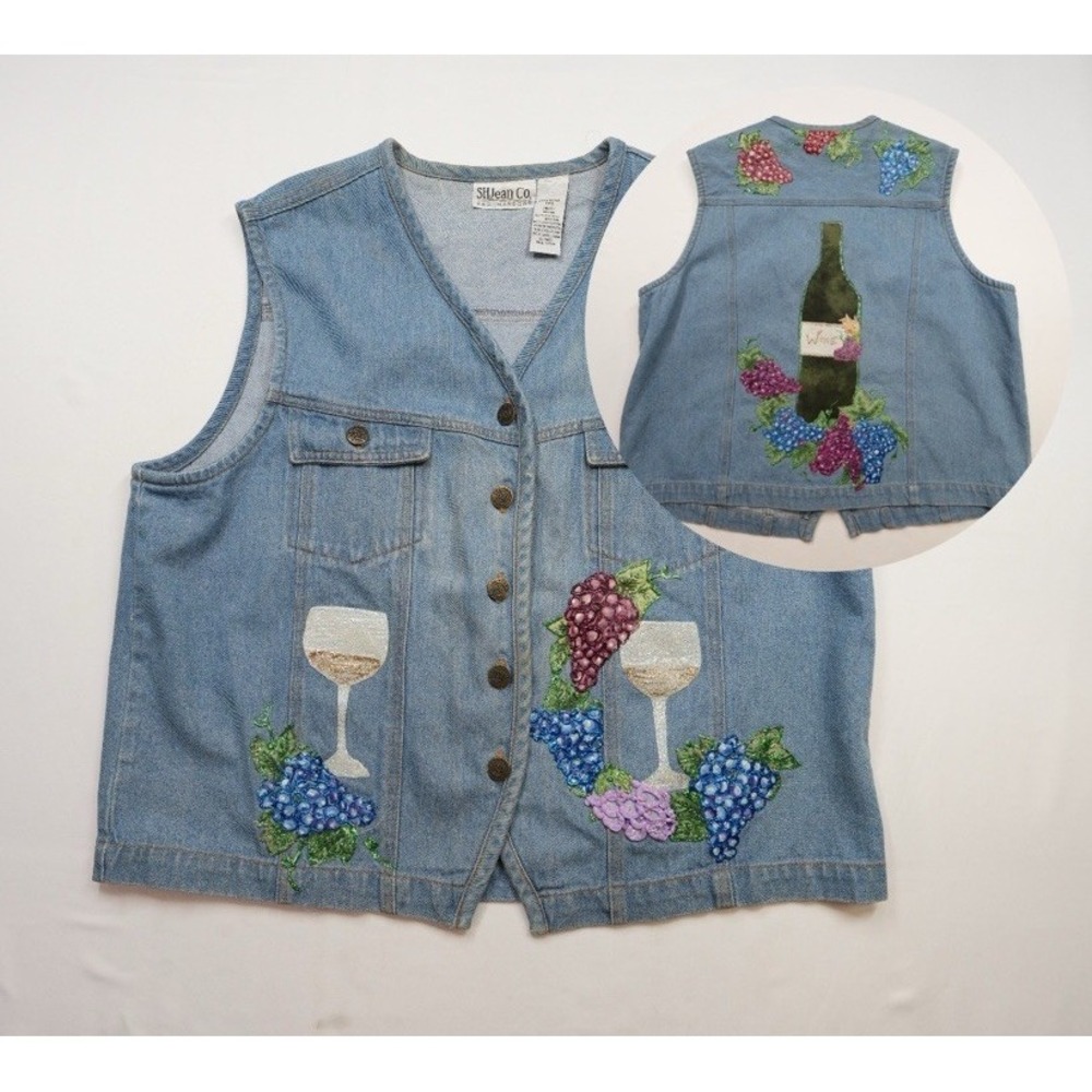 Vintage SHJean Co. Denim Embroidered Vest Size L (Wine & Grapes Button Top Vtg